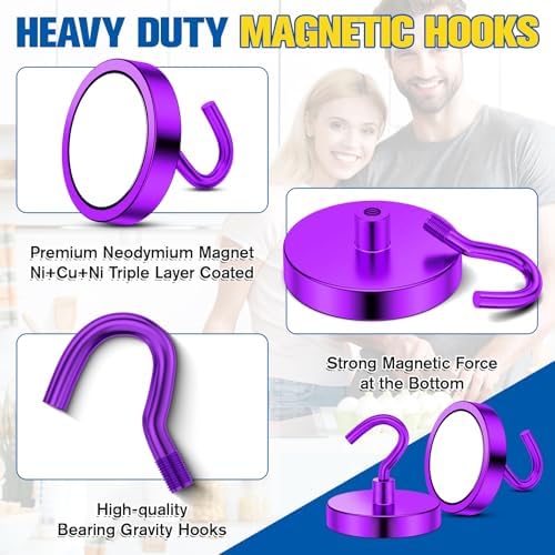 Grtard 8 Pcs Purple Magnetic Hooks Heavy Duty, 120 LBS Strong Magnet Hooks - Image 2