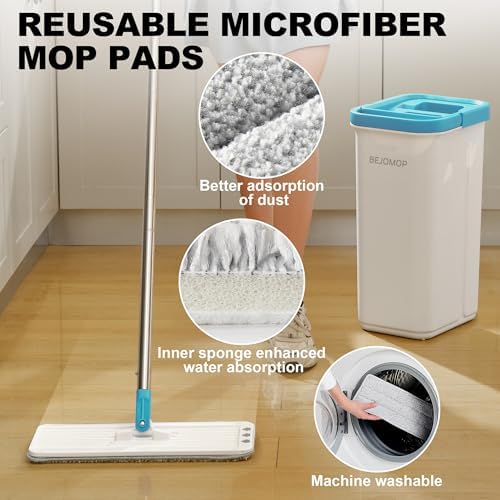 Mop and Bucket Set, Mops for Floor Cleaning Turquoise-Cyan, Squeeze Flat Mop - Image 4