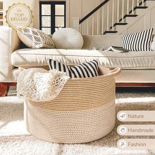 INDRESSME XXXLarge Woven Wicker Blanket Basket Living Room White Jute - Image 5