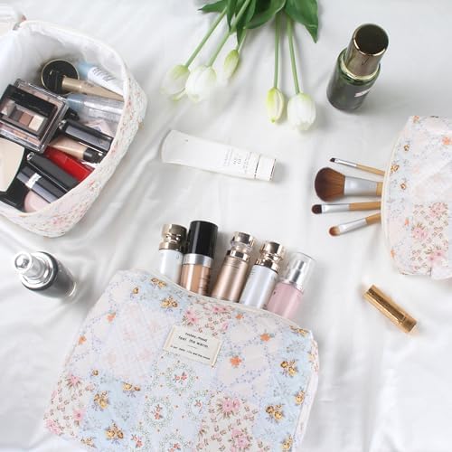 BuyCard Quilted Makeup Bag Set, CuteFloral Cotton Coquette Makeup Bag Toiletry - Image 6