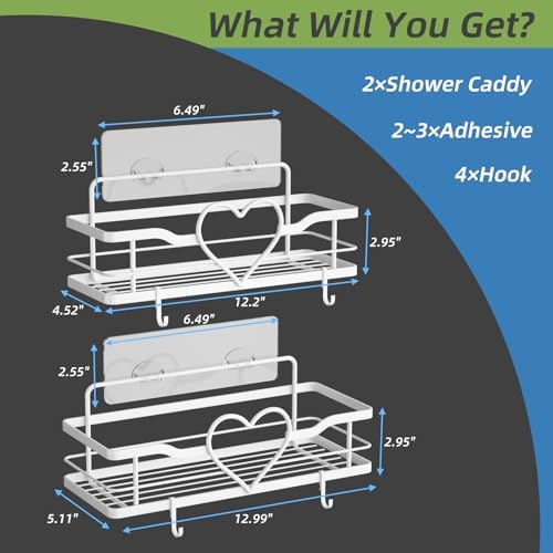 White Heart Shower Caddy, No Drilling Adhesive Shelves, 2 Pack - Image 6