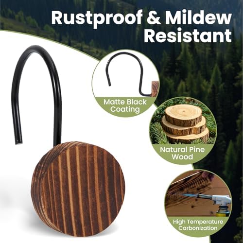 Wood Shower Curtain Hooks Rust Proof, Boho Shower Curtain Hooks Decorative - Image 2