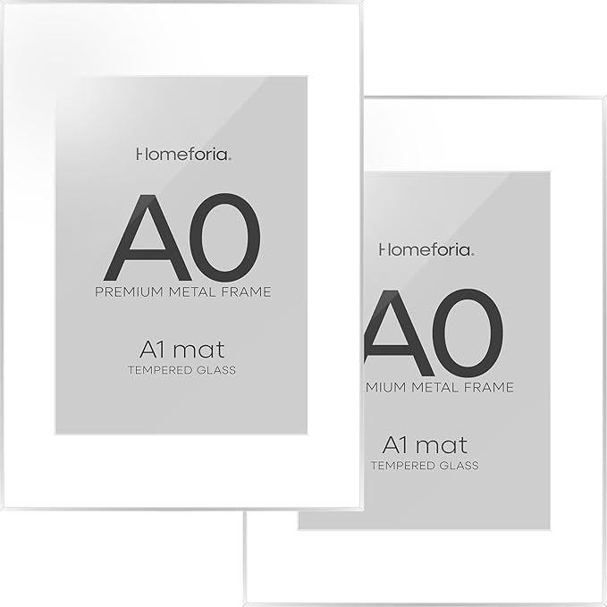 Homeforia A0 Poster Frame Silver, High End Metal A0 Large Picture Frame Silver with Mat A1 for Photo, 33.1x46.8 Frames Matted to 23.4x33.1 Print, 33.1 by 46.8 Frame, Tempered Glass, Wall Kit, Set of 2
