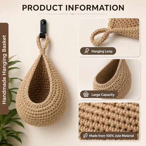 Hanging Fruit Baskets for Kitchen, 3 Pack Handwoven Wall Baskets - Image 3