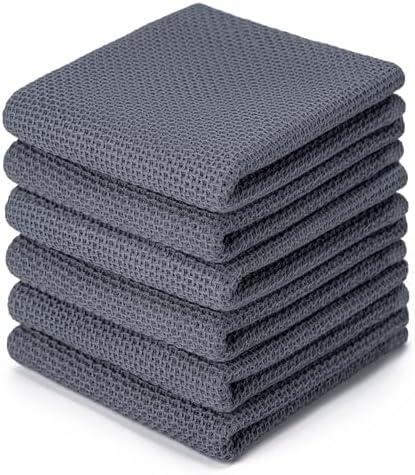 BOOMIBOO 6-Pack Dish Towels, 100% Cotton Waffle Weave, 13x28 in, Dark Grey by BOOMIBOO