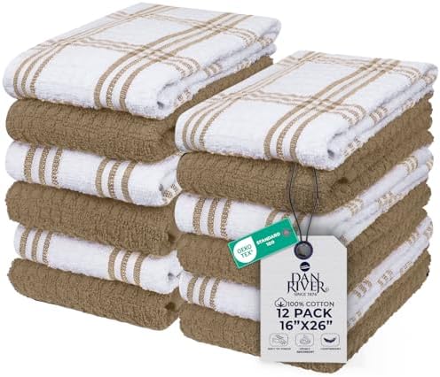 DAN RIVER Tan Kitchen Towels, 12 Pack, 16x26 Inches Absorbent Dish Towels by DanRiver