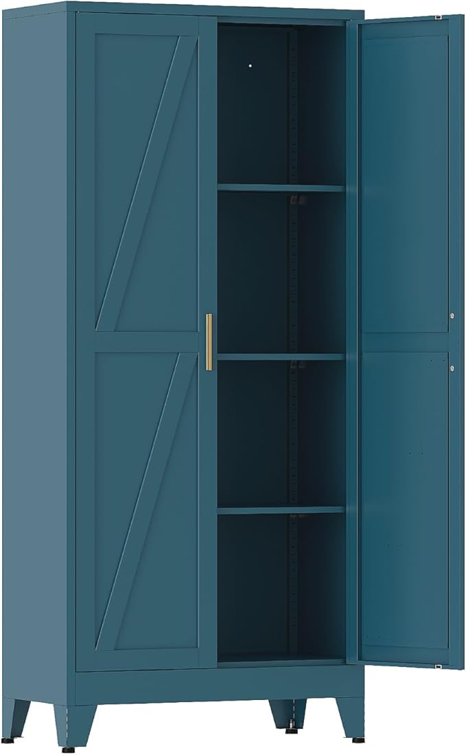 COFaR Metal Storage Cabinet, 61 in Tall Metal Cabinet with 3 Adjustable Shelves and Barn Doors, Farmhouse Cupboard Storage for Kitchen Pantry Garage, 4-Tier Peacock Blue