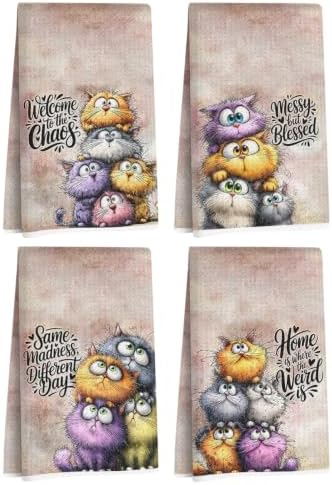 Jztco 4 Pcs Funny Cat Kitchen Towels, Cute Cat Gifts Reusable Hand Towels by Jztco