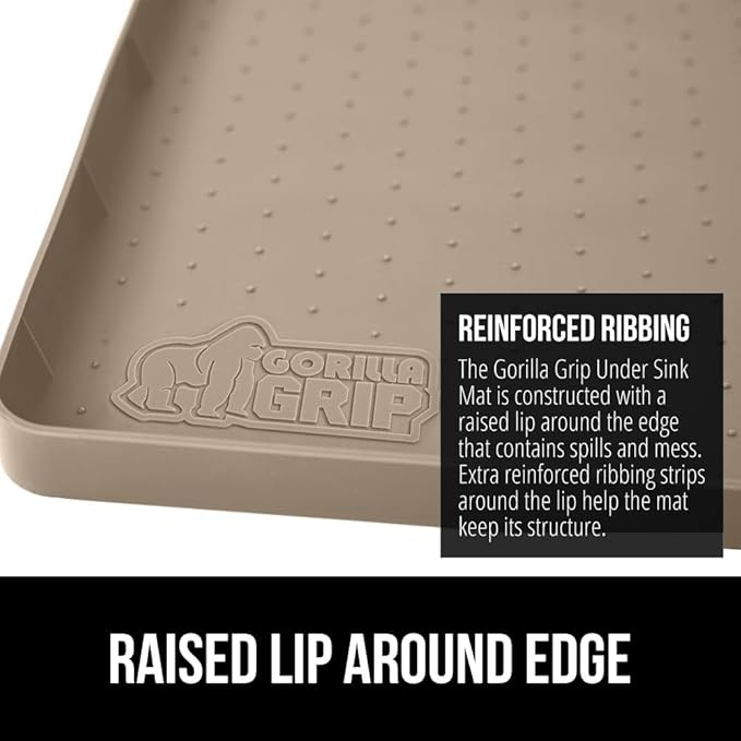 GORILLA GRIP Waterproof Silicone Under Sink Mat with Raised Lip for Kitchen and Bathroom, Cabinet Shelf Liner Stay in Place Mats Dishwasher Safe Drawer Liner, Organizer Tray, 19 x 22 in, Beige