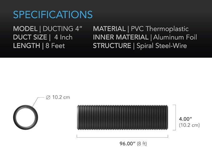 AC Infinity Flexible 4-Inch Aluminum Ducting, Heavy-Duty Four-Layer Protection, 8-Feet Long for Heating Cooling Ventilation and Exhaust