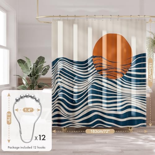AmazerBath Boho Shower Curtain, 72x72 Washable Cloth Navy Sea and Sunset Shower - Image 2