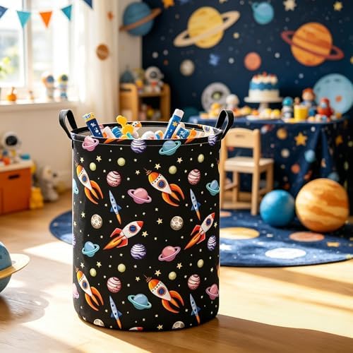 Round Laundry Basket Collapsible Storage Hamper Organizer Planet Rocket - Image 5