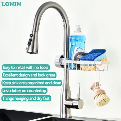 LONIN Sponge Holder Over Faucet Kitchen Sink Caddy Organizer, Stainless Steel - Image 4