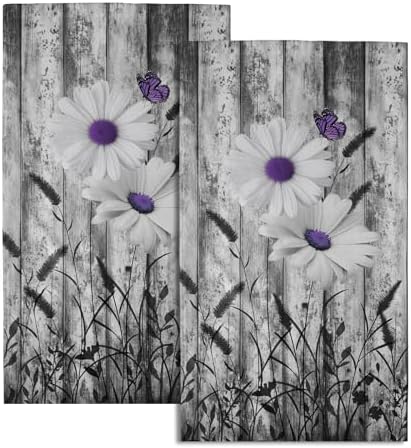 Black White Hand Towels Rustic Purple Daisy Butterfly Farmhouse Absorbent by Granbey