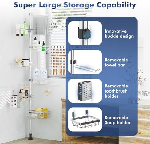 Shower Caddy Corner Tension Pole, Stainless Steel Shelves Bathroom Organizer - Image 2