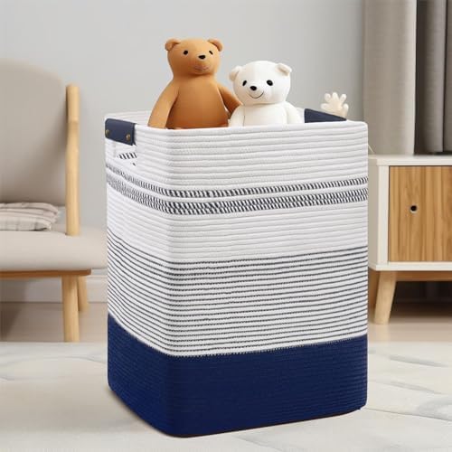 DOFASAYI Laundry Hamper, 85L Cotton Rope Laundry Basket, Dark Blue & White - Image 3