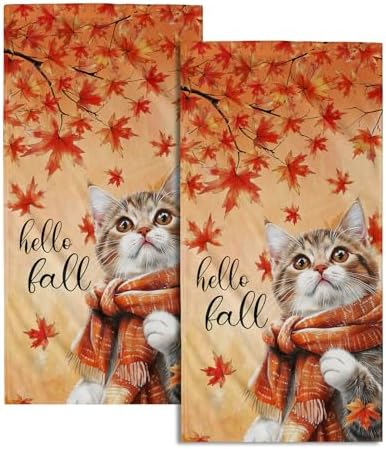 Hello Fall Hand Towel Autumn Cat Maple Leaves Kitchen Towels Set of 2 Soft by Granbey