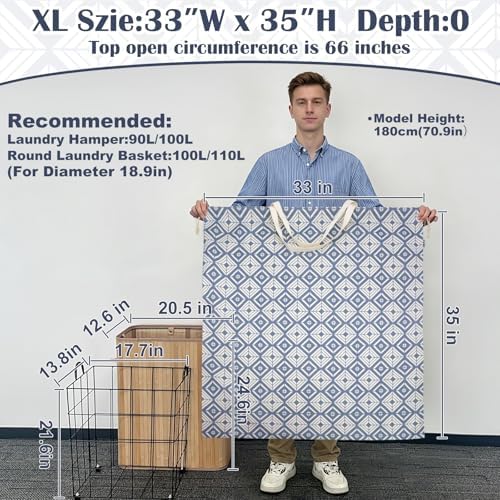 Canvas Laundry Bag with Handles & Drawstring, XL 33"Wx 35"H, Geometry Blue - Image 3