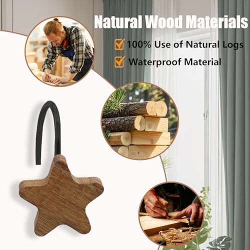 Shower Curtain Hooks, Wood Decorative Shower Curtain Rings, Modern Round Log - Image 2