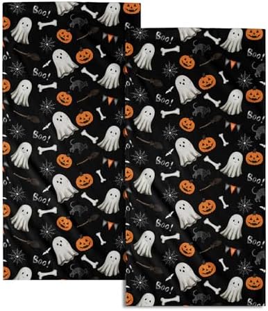 Halloween Black Hand Bath Towel Set of 2 Boo Cute Ghost Orange Pumpkins by Granbey