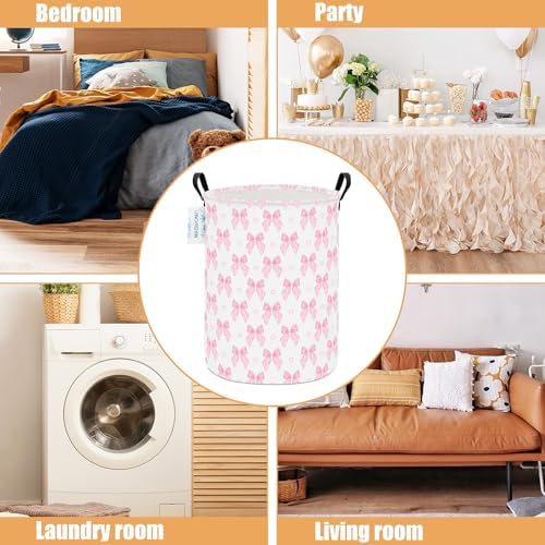 Round Laundry Basket Collapsible Storage Hamper Pink Bowknot - Image 3
