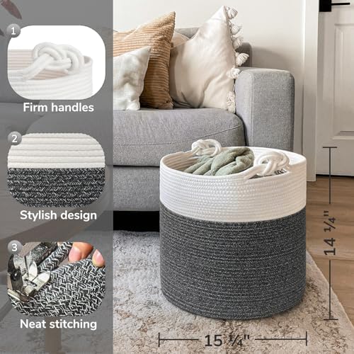 Goodpick Woven Rope Blanket Basket Living Room, Dark Grey - Image 3