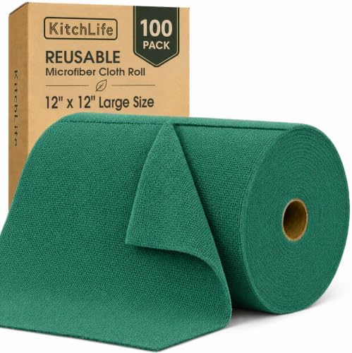 Microfiber Cleaning Cloth Roll, 100 Pack 12 x 12 Inch Tear Away Reusable Paper by OverDoorHooksKitchenSupplies