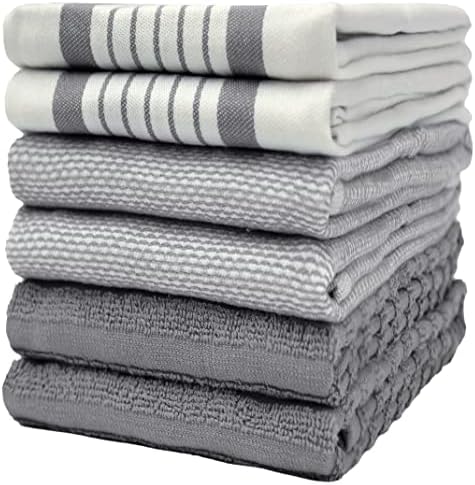 Premium Kitchen Towels 6 Pack 100% Cotton 20"x28" Dish Towels Grey Striped by BumbleTowels
