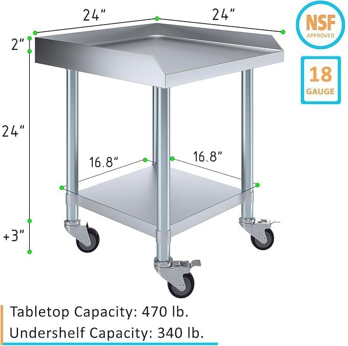 Stainless Steel Equipment Stand with Undershelf + Casters, Heavy Duty, Commercial Grade, NSF Certified (24" Width x 24" Length + Casters)