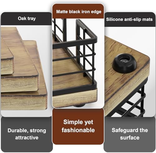 Wican Guest Towel Holder Tray for Bathroom, Oak and Iron Napkins Holder - Image 4