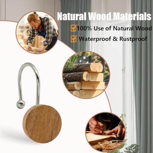 Shower Curtain Hooks, Wood Decorative Shower Curtain Rings, Modern Round Log - Image 3