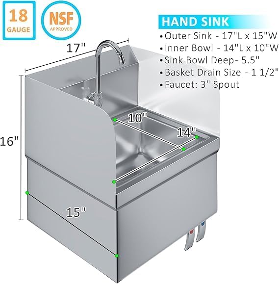 Stainless Steel Hands-Free Wall-Mounted Hand Sink – 17" x 15" with Knee Pedals, Faucet & Side Splash Guards – NSF Certified