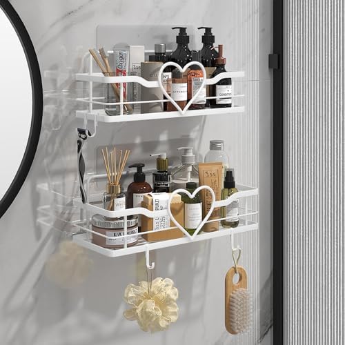 White Heart Shower Caddy, No Drilling Adhesive Shelves, 2 Pack - Image 2