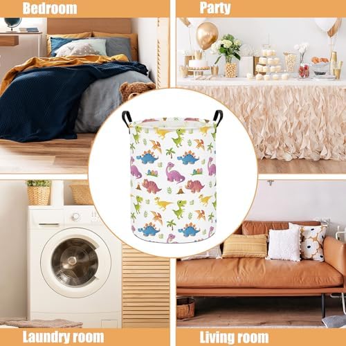 Round Laundry Basket Collapsible Storage Hamper Organizer Cute Dinosaur - Image 3