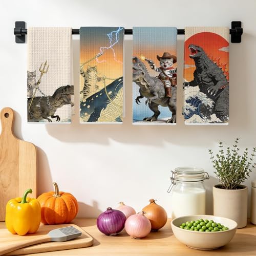 4 Pcs Funny Cat Kitchen Towels, Godzilla Japanese Cats Gifts Hand Towel - Image 4