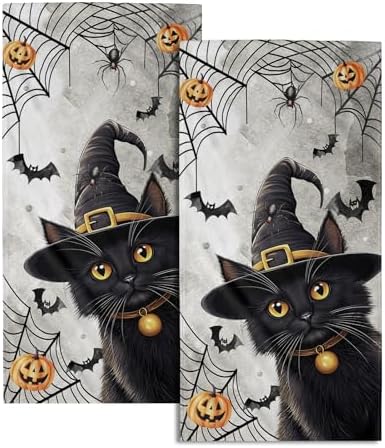 Halloween Kitchen Tea Dish Towels 2 Pack Black Witch Hat Cat Hand Towel Soft by Granbey