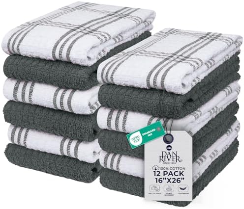 DAN RIVER Gray Kitchen Towels, 12 Pack, 16x26 Inches Absorbent Dish Towels by DanRiver