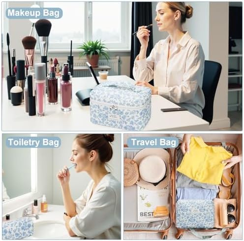BuyCard Quilted Makeup Bag Set, CuteFloral Cotton Coquette Makeup Bag Toiletry - Image 5