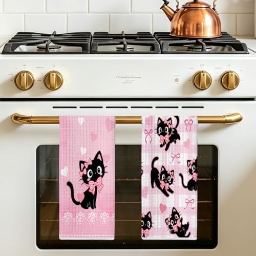 2 Pcs Pink Bow Cat Kitchen Towels 24x14 Inch, Cats Gifts Reuse Hand Towel - Image 5