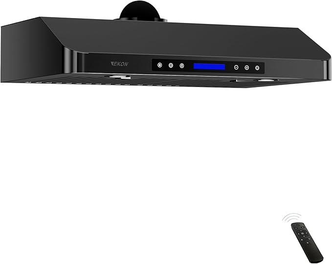 EKON 36 Black inches Under Cabinet Range Hood, 900 CFM Stainless Steel Kitchen Chimney Vent, 4 Speed Touch Screen Control With Remote 2Pcs 3W LED lights Dishwasher-safe Filters Fan Timer