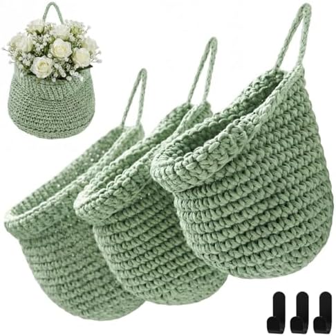Honeydak 3 Hanging Baskets, Sage Green, Cotton Rope by Honeydak