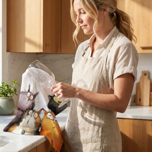 2 Pcs Cute Cat Kitchen Towels, Funny Cats Gifts Absorbent Hand Towels-06 - Image 6