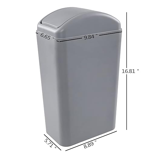 Vababa 1 Pack 3 Gallon Plastic Swing Top Trash Can, Gray Slim Garbage Bin, F