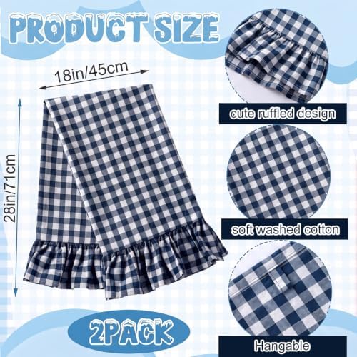 HunnmingRe 2 Pcs Navy Blue Gingham Kitchen Towels Cotton Ruffled - Image 2