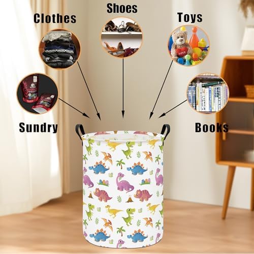 Round Laundry Basket Collapsible Storage Hamper Organizer Cute Dinosaur - Image 4