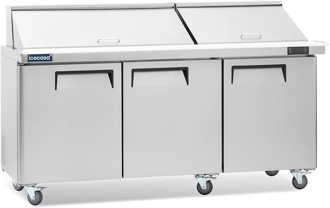 ICECASA 72" W Commercial Refrigerator Sandwich&Salad Prep Table Mega Top 3 Door Stainless Steel Counter Fan Cooling Refrigerator with 30 pans-72 Inches for Restaurant, Bar, Shop, etc