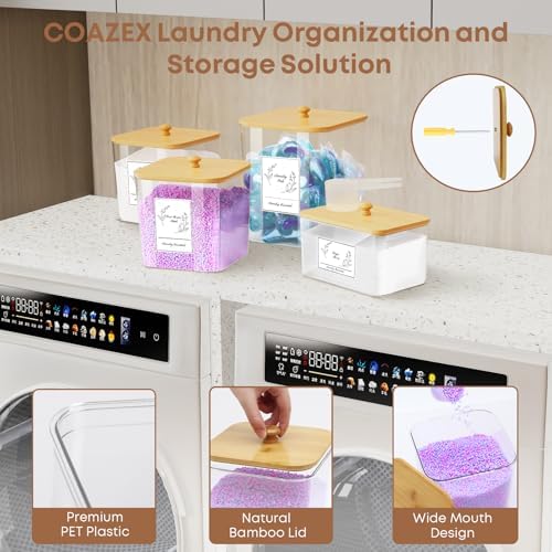 COAZEX 4 Pack Clear Laundry Pods Container & Dryer Sheet Holder, Bamboo Lids - Image 3