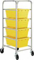 19"x26"x53" Mobile Aluminum Lug Rack with 4 Yellow Tote Boxes – NSF Heavy-Duty Commercial Storage Cart with 5" Swivel Casters, Portable Food Prep & Dishroom Utility Rack – Freezer Safe, 4 Lug Capacity