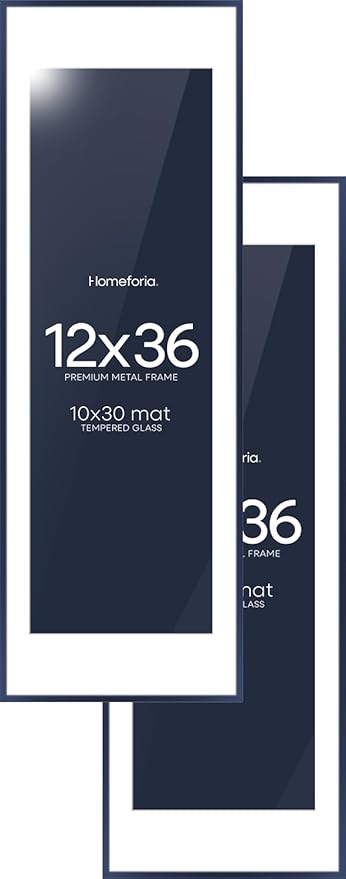 Homeforia 12x36 Navy Blue Picture Frame, High End Metal 12by36 Poster Frames with Mat 10x30 Photo, 12 x 36 Navy Blue Frames Matted to 10 x 30, 36x12 Panoramic Frame, Tempered Glass, Wall Kit, Set of 2