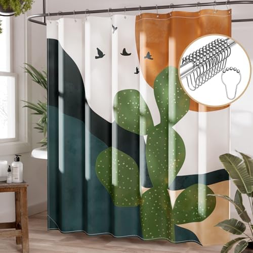 AmazerBath Boho Shower Curtain, 72x72 Washable Cloth Sage Cactus Shower Curtains by AmazerBath